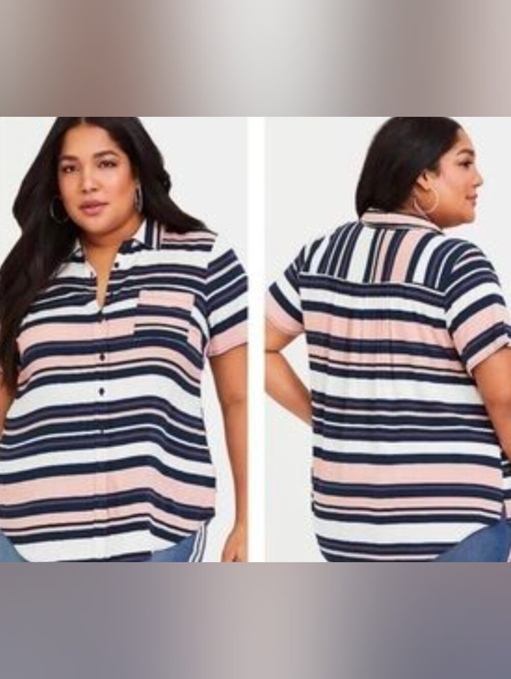 Torrid Striped Button-Front Short Sleeve Top in Blush, Navy & White